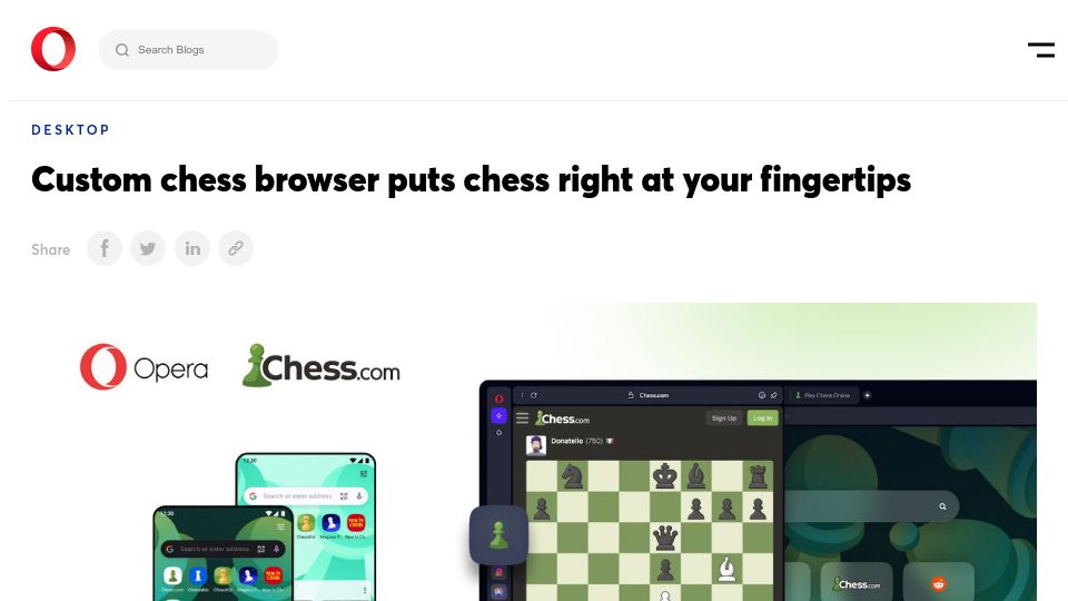 Screenshot of blogs.opera.com: Opera's browser is now available with chess baked in