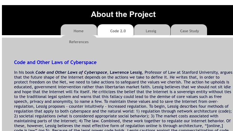 Screenshot of cs.stanford.edu: Larry Lessig's theory: our society is governed by four forces
