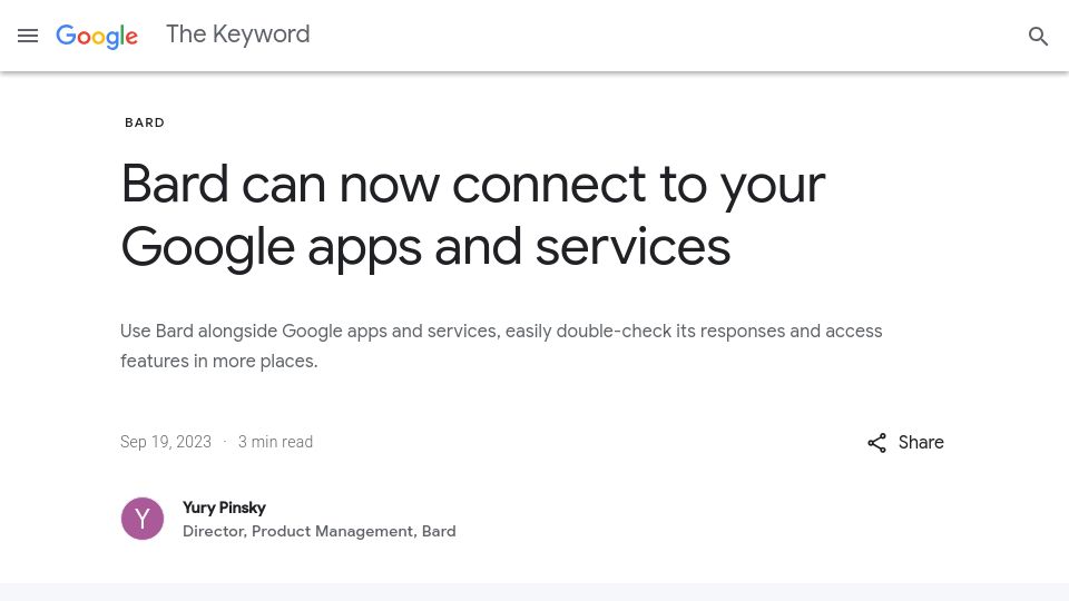 Screenshot of blog.google: Bard can now connect to your Google Apps and services