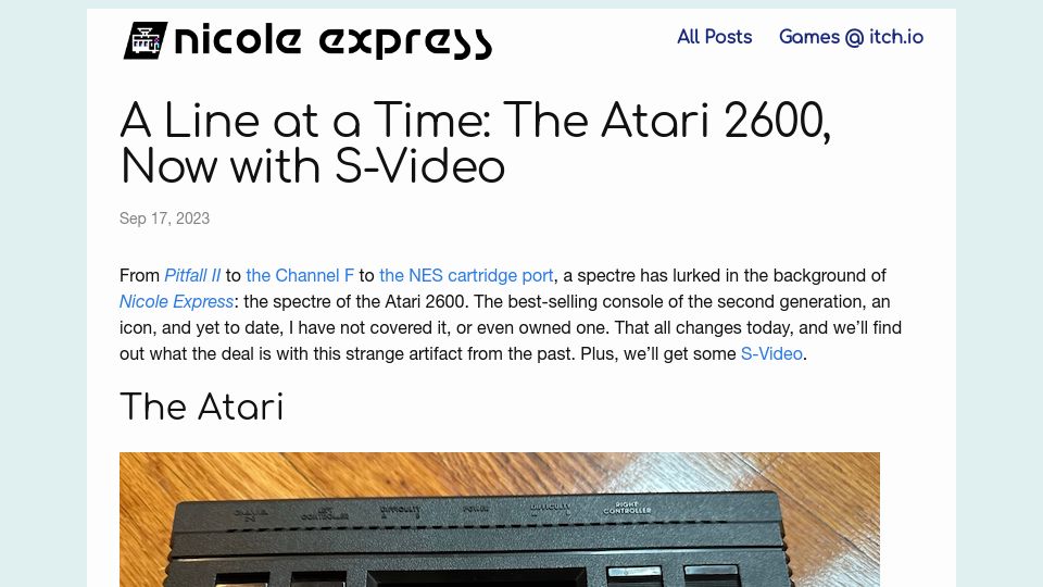 Screenshot of nicole.express: A Line at a Time: The Atari 2600, Now with S-Video