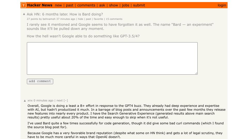 Screenshot of Hacker News post: Ask HN: 6 months later. How is Bard doing?