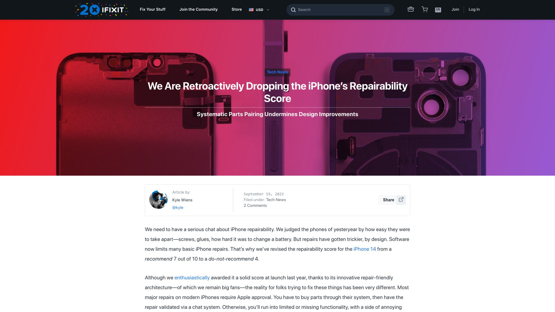 Screenshot of ifixit.com: We are retroactively dropping the iPhone’s repairability score