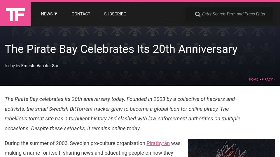 Screenshot of torrentfreak.com: The Pirate Bay's 20th Anniversary