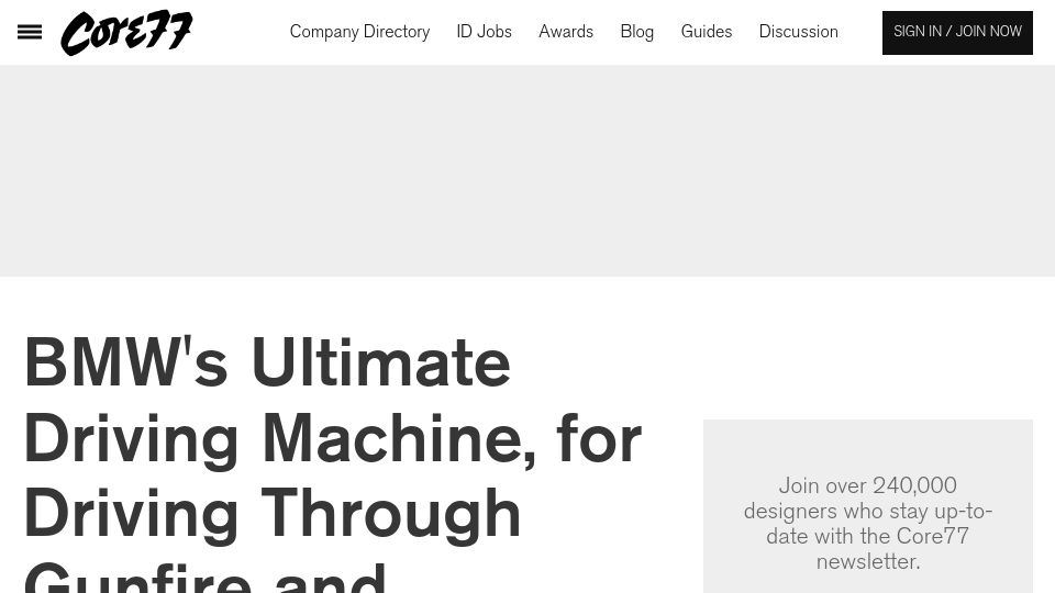 Screenshot of core77.com: BMW's Ultimate Driving Machine, for Driving Through Gunfire and Grenades