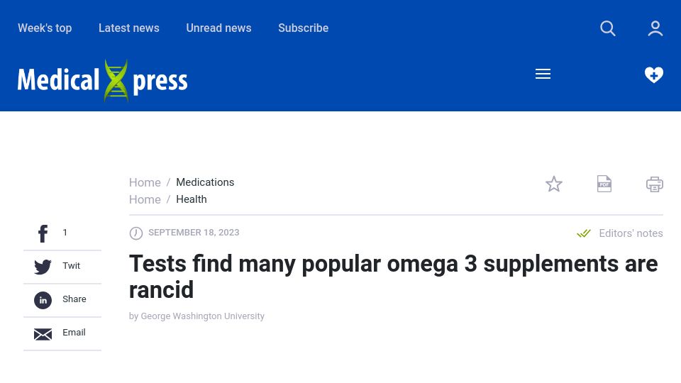 Screenshot of medicalxpress.com: Tests find many popular omega 3 supplements are rancid