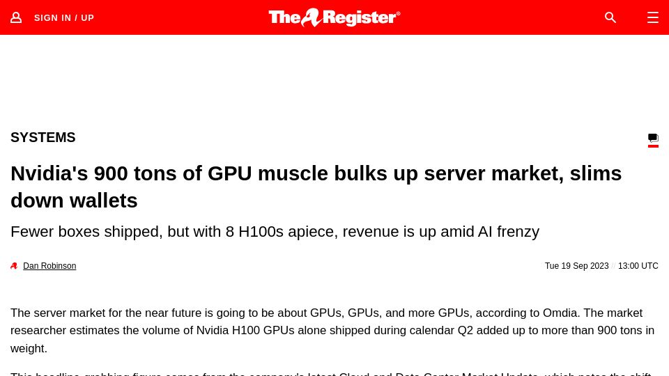Screenshot of theregister.com: Nvidia's 900 tons of GPU muscle bulks up server market, slims down wallets
