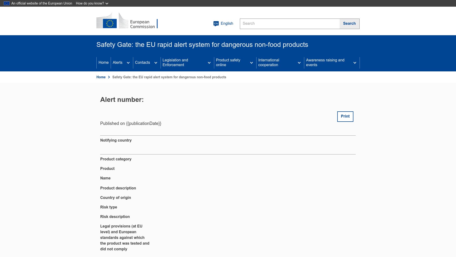 Screenshot of ec.europa.eu: Safety Gate: the EU rapid alert system for dangerous non-food products