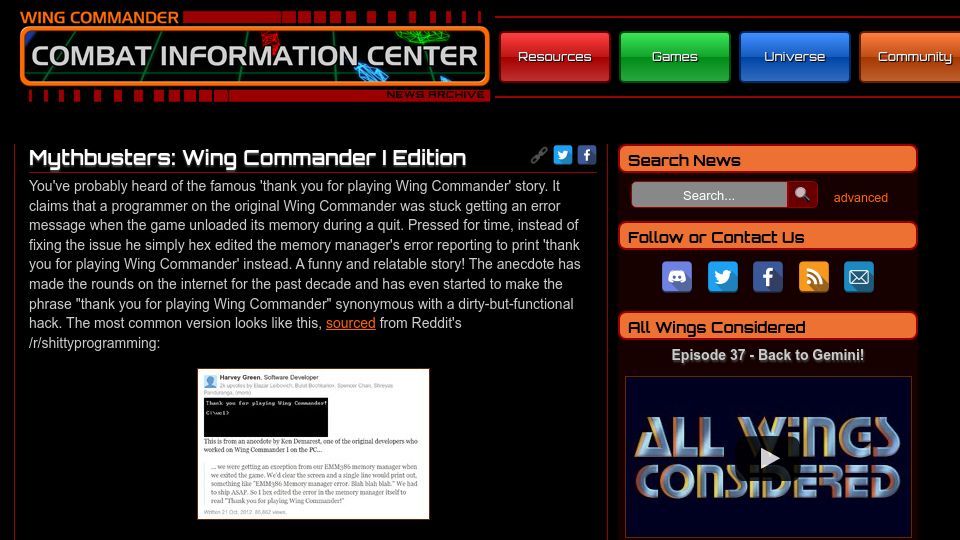 Screenshot of wcnews.com: Mythbusters: Wing Commander I Edition