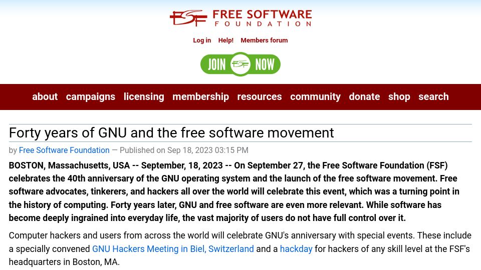 Screenshot of fsf.org: Forty years of GNU and the free software movement