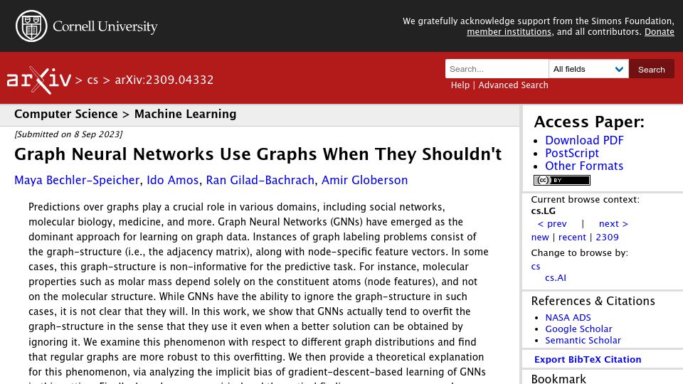 Screenshot of arxiv.org: Graph Neural Networks use graphs when they shouldn't