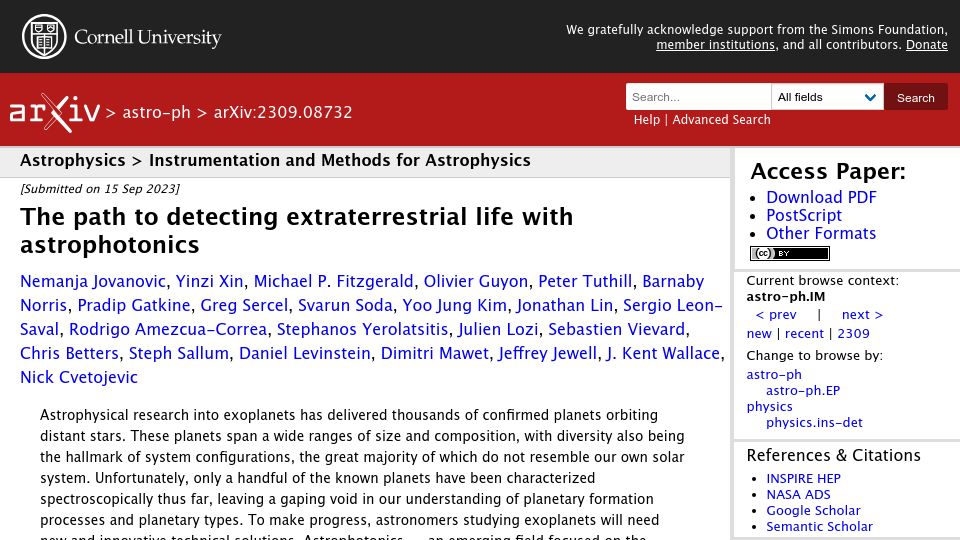 Screenshot of arxiv.org: The path to detecting extraterrestrial life with astrophotonics