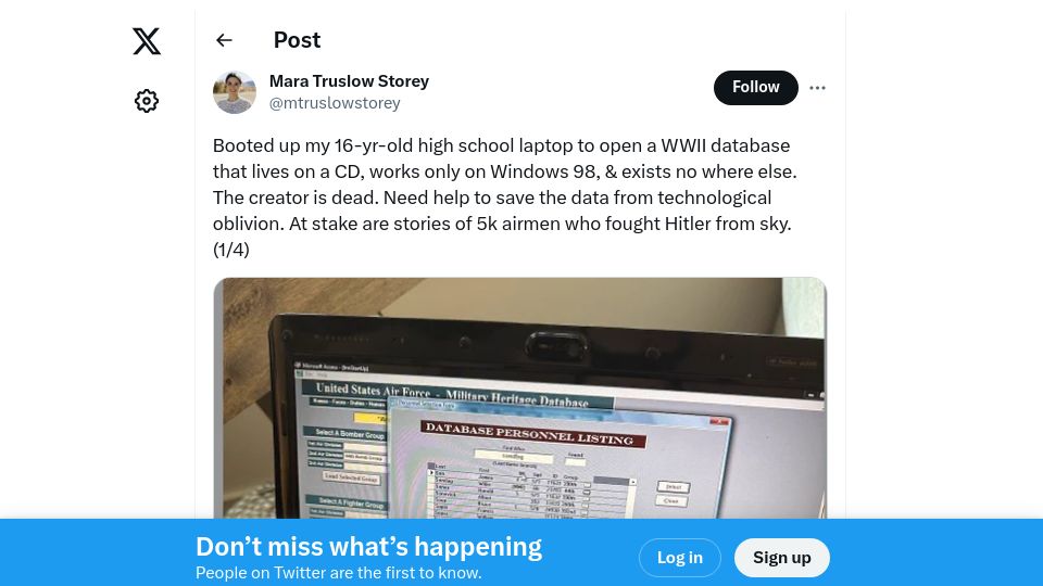 Screenshot of twitter.com: Seeking help to preserve WWII database on Windows 98