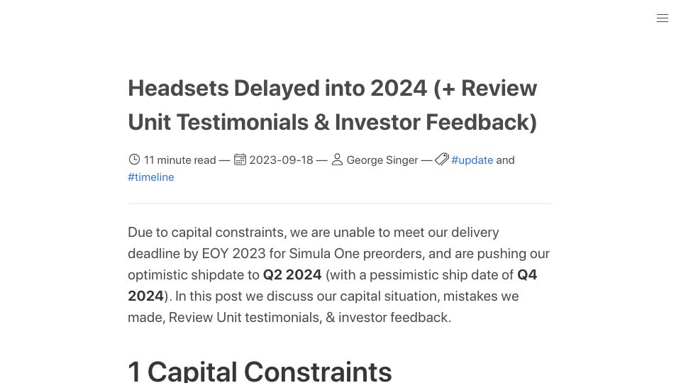 Screenshot of simulavr.com: Headsets Delayed into 2024