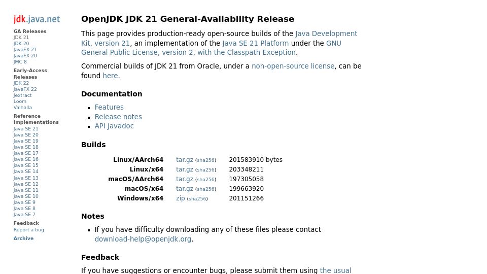 Screenshot of jdk.java.net: OpenJDK JDK 21 General-Availability Release