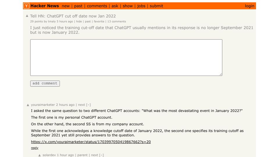 Screenshot of Hacker News post: Tell HN: ChatGPT cut off date now Jan 2022