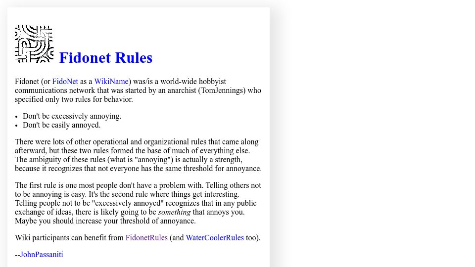 Screenshot of wiki.c2.com: Fidonet Rules (2014)