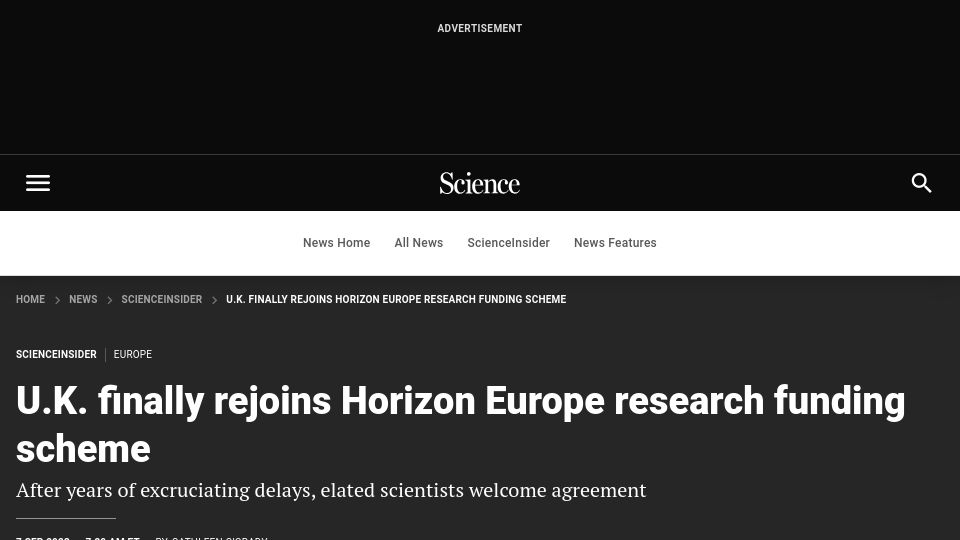 Screenshot of science.org: U.K. rejoins Horizon Europe research funding scheme