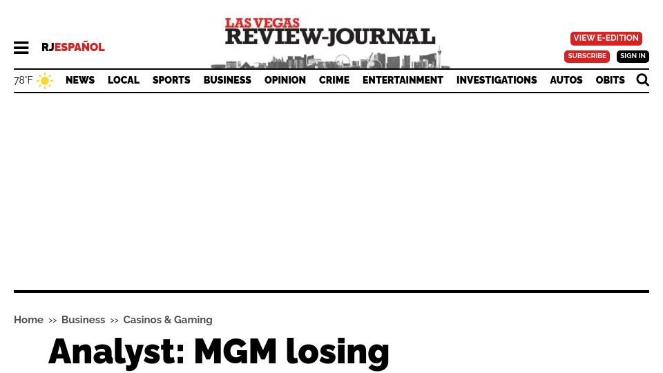Screenshot of reviewjournal.com: MGM losing up to $8.4M a day due to cyberattack, analyist says