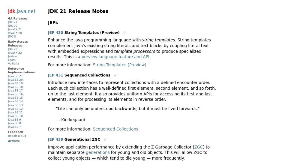 Screenshot of jdk.java.net: JDK 21 Release Notes