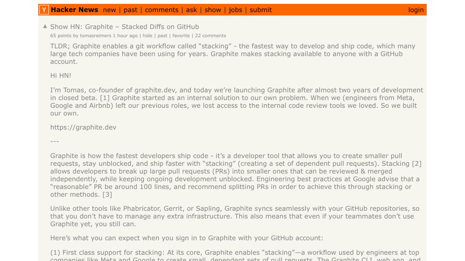 Screenshot of Hacker News post: Show HN: Graphite – Stacked Diffs on GitHub