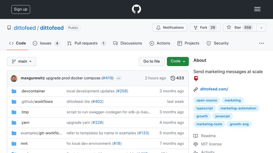 Screenshot of github.com: Show HN: Dittofeed – 1-Click deploy, self-host Mailchimp alternative