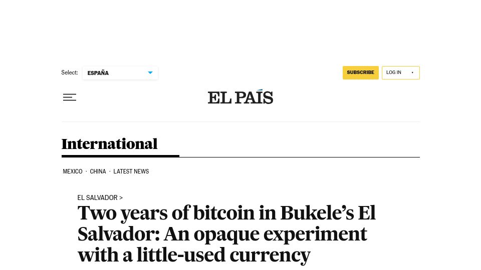 Screenshot of english.elpais.com: Two years of Bitcoin in Bukele’s El Salvador