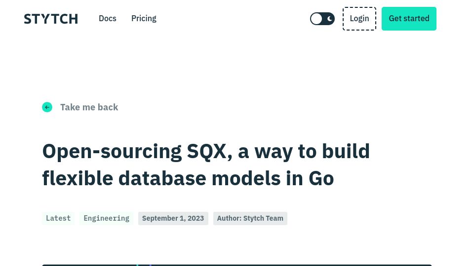 Screenshot of stytch.com: Open-sourcing SQX, a way to build flexible database models in Go