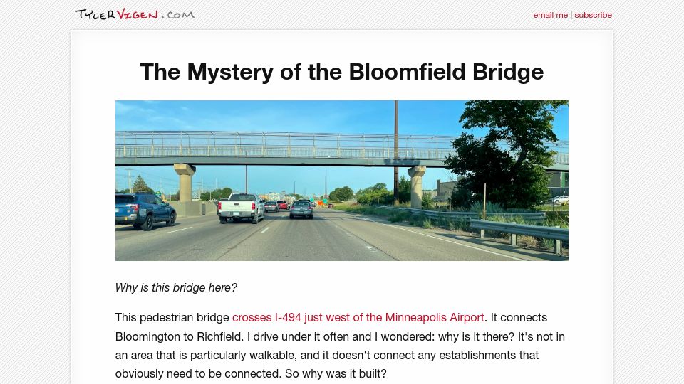 Screenshot of tylervigen.com: The Mystery of the Bloomfield Bridge