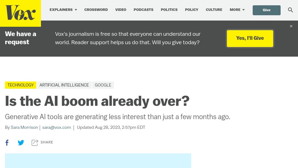 Screenshot of vox.com: Is the ChatGPT and Bing AI boom already over?