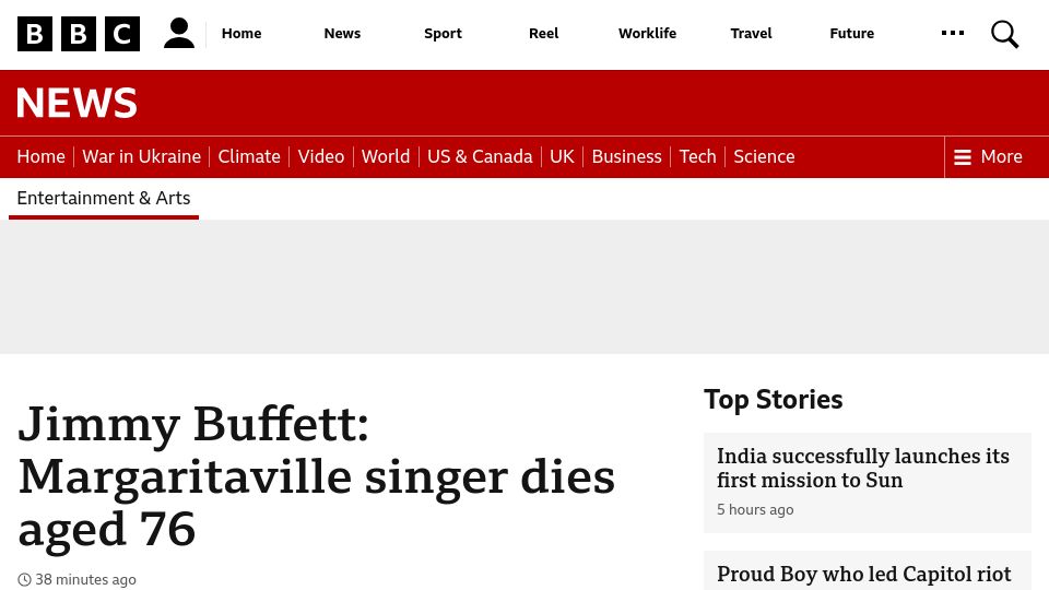 Screenshot of bbc.com: Jimmy Buffett: Margaritaville singer dies aged 76