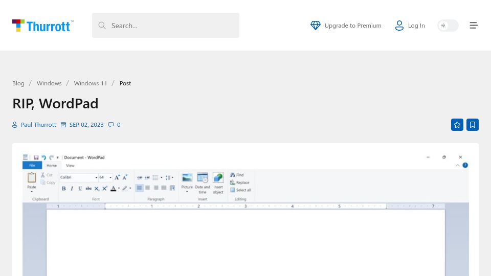Screenshot of thurrott.com: RIP, WordPad