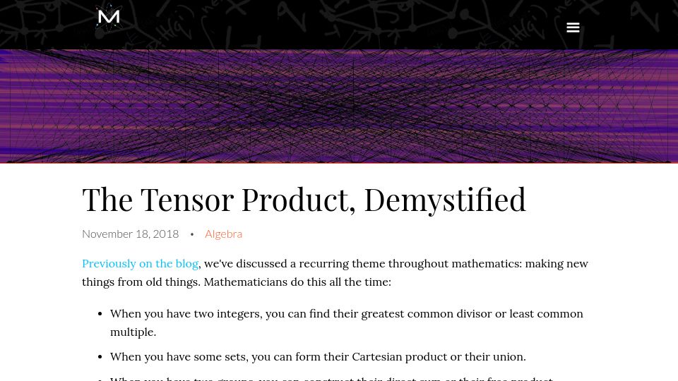 Screenshot of math3ma.com: The tensor product, demystified (2018)