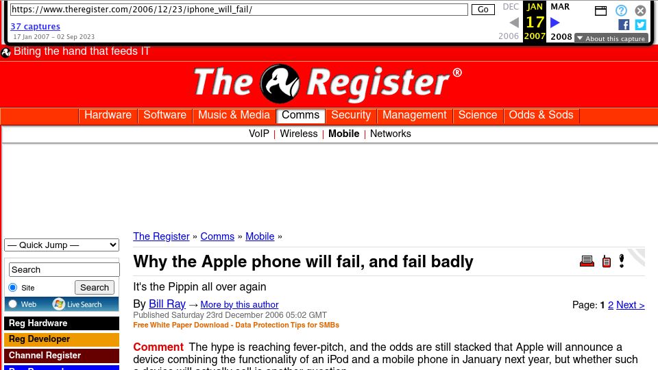 Screenshot of web.archive.org: Why the Apple phone will fail, and fail badly (2006)