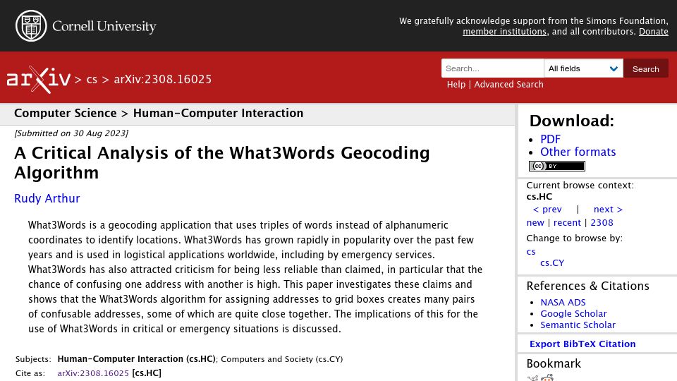 Screenshot of arxiv.org: A Critical Analysis of the What3Words Geocoding Algorithm