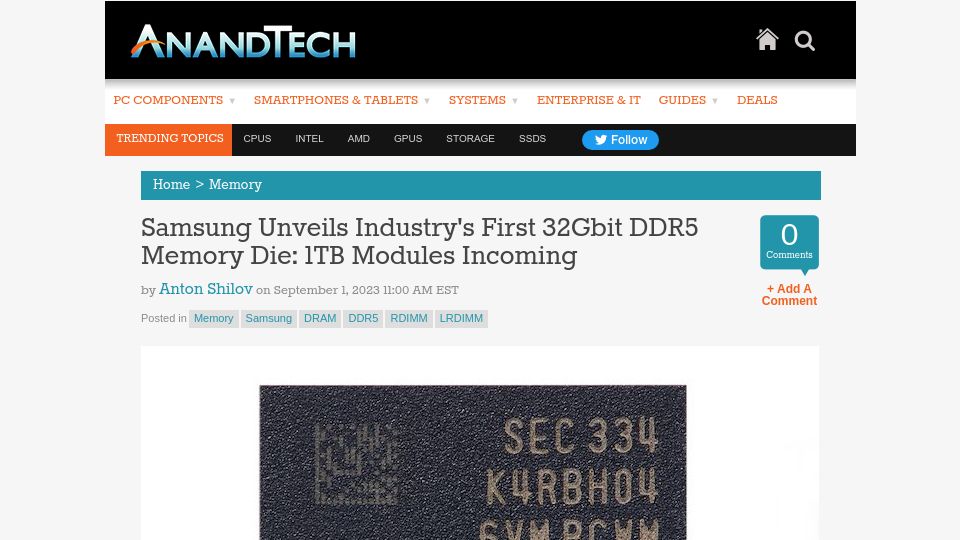 Screenshot of anandtech.com: Samsung Unveils Industry's First 32Gbit DDR5 Memory Die: 1TB Modules Incoming