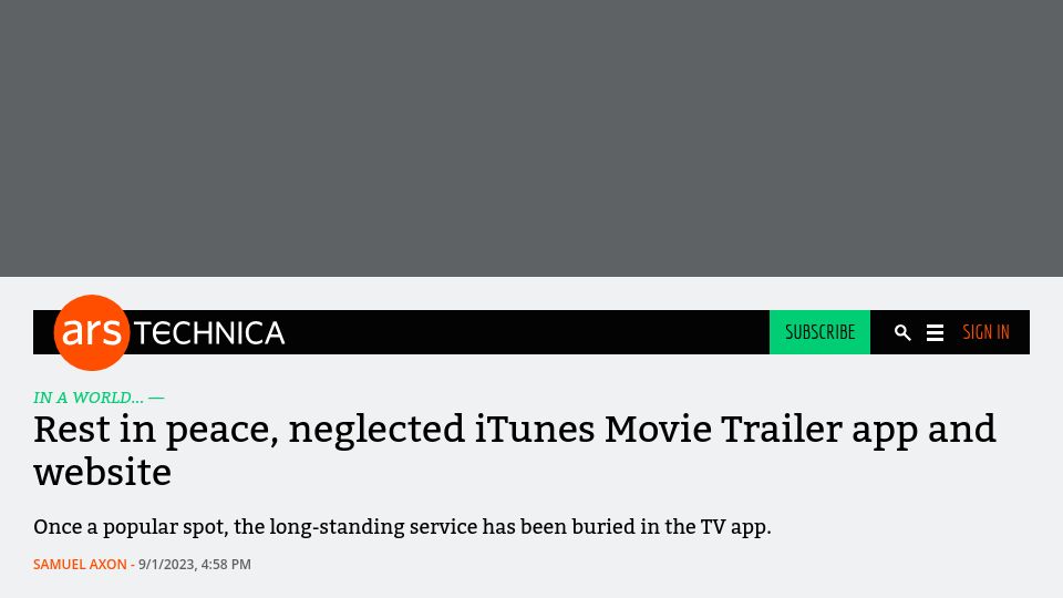 Screenshot of arstechnica.com: Rest in peace, neglected iTunes Movie Trailer app and website
