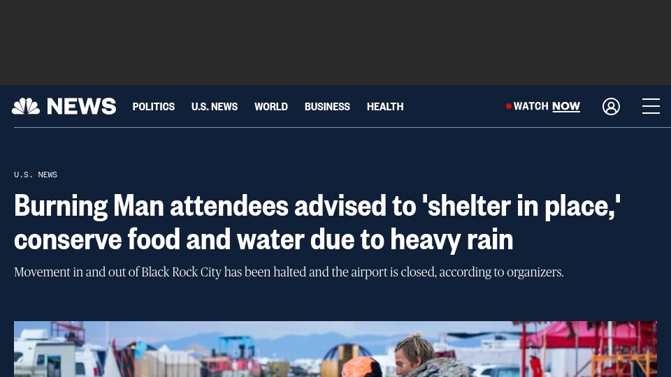 Screenshot of nbcnews.com: Burning Man attendees advised to shelter in place, conserve food/water