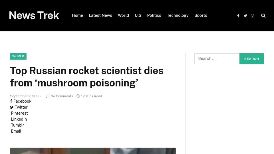 Screenshot of ptv-news.com.pk: Top Russian rocket scientist dies from ‘mushroom poisoning’