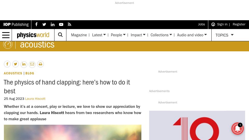 Screenshot of physicsworld.com: The physics of hand clapping
