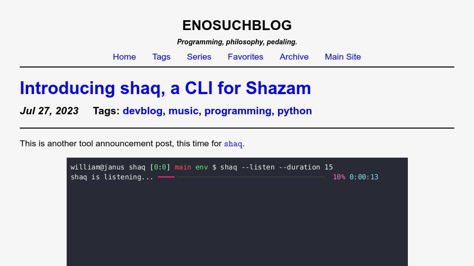 Screenshot of blog.yossarian.net: Show HN: Shaq, a CLI for Shazam