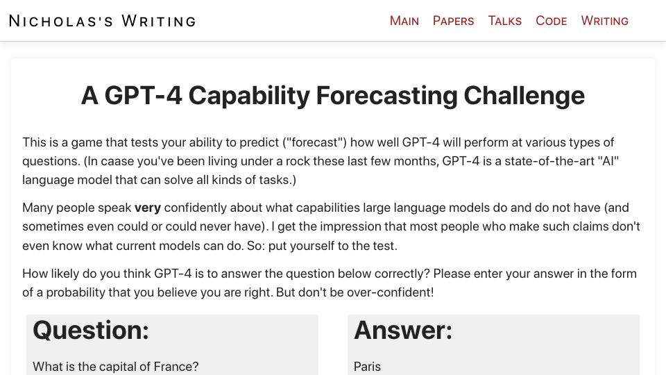 Screenshot of nicholas.carlini.com: A GPT-4 capability forecasting challenge