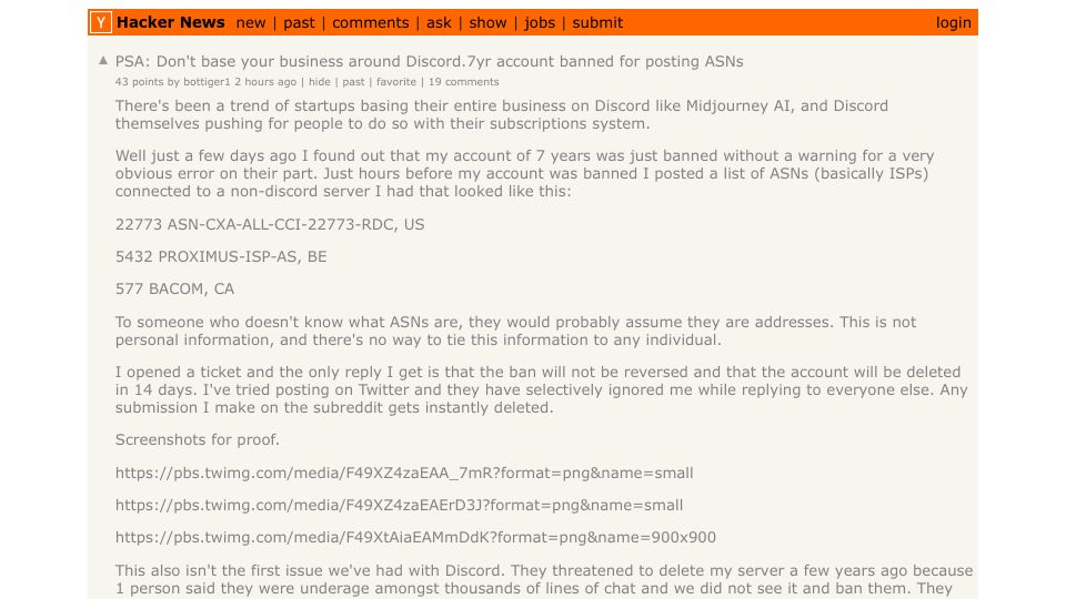 Screenshot of Hacker News post: PSA: Don't base your business around Discord.7yr account banned for posting ASNs