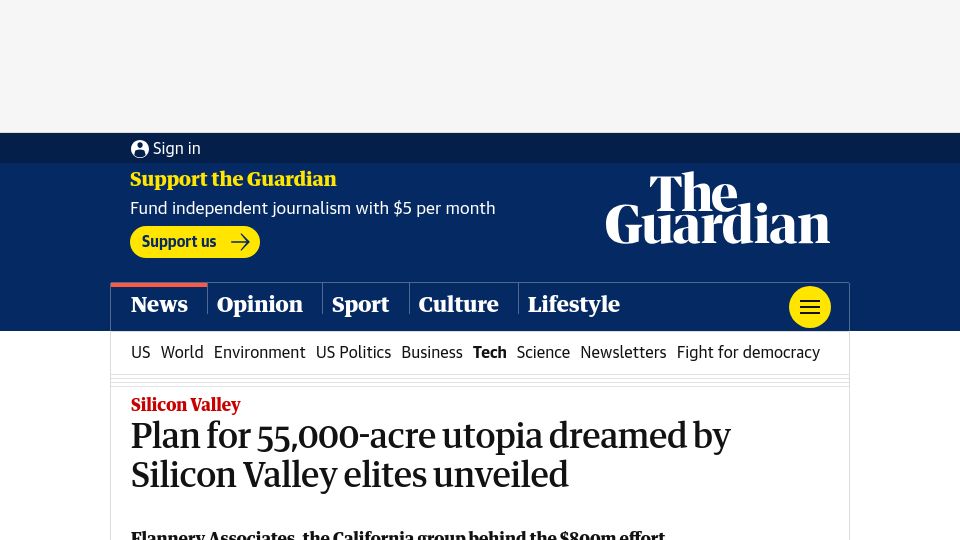 Screenshot of theguardian.com: Plan for 55,000-acre utopia dreamed by Silicon Valley elites unveiled