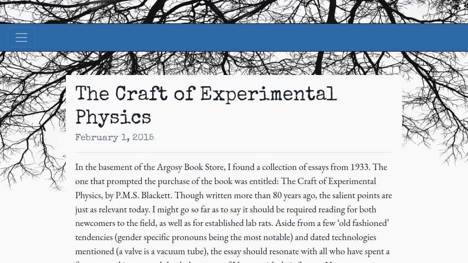 Screenshot of jameshedberg.com: The Craft of Experimental Physics (2015)