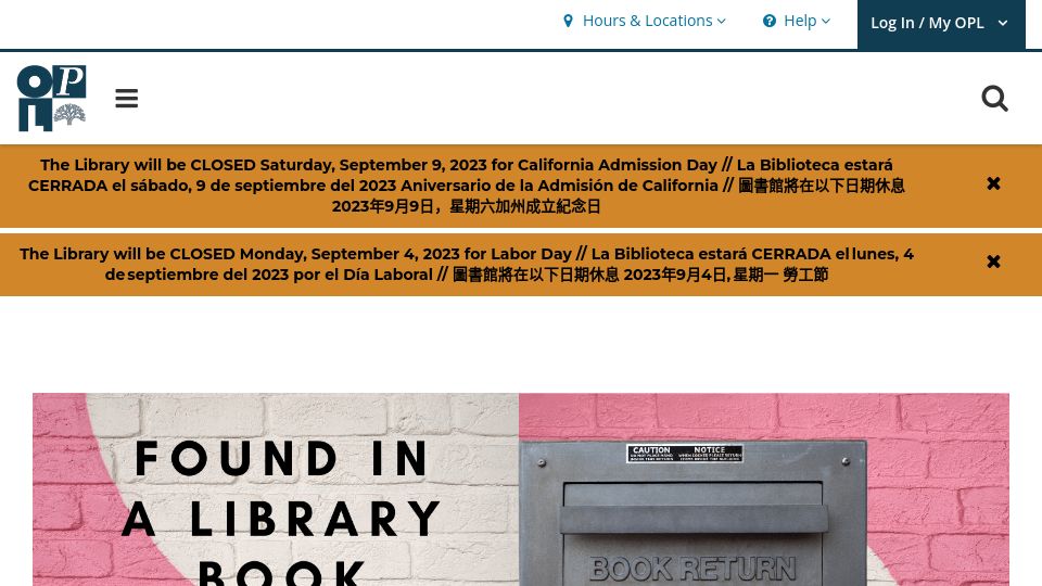 Screenshot of oaklandlibrary.org: Found in a Library Book (2022)