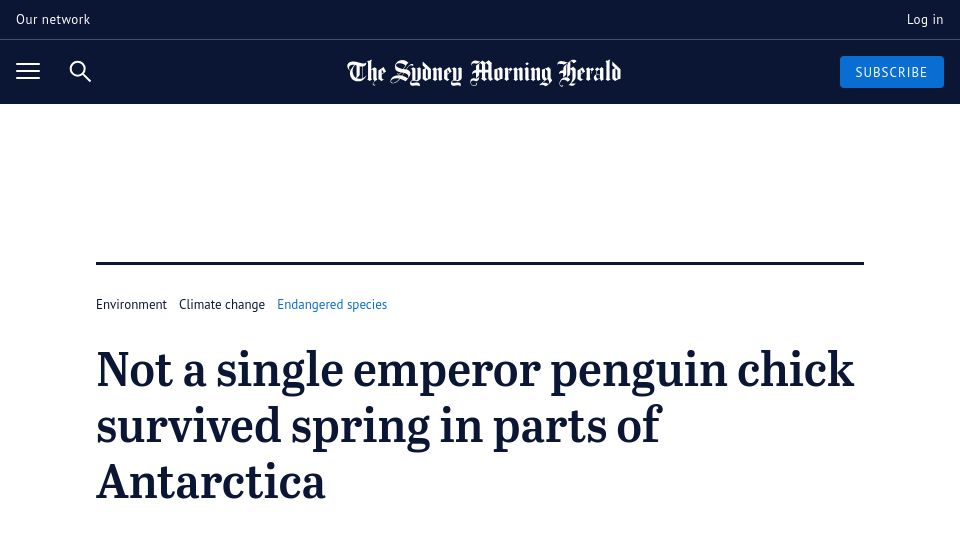 Screenshot of smh.com.au: Not a single emperor penguin chick survived spring in parts of Antarctica