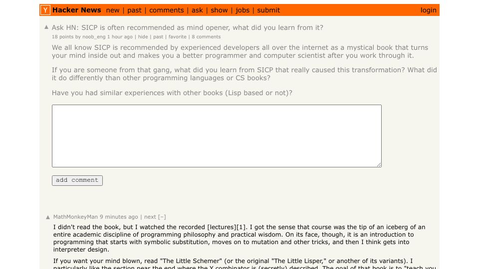 Screenshot of Hacker News post: Ask HN: SICP is often recommended as mind opener, what did you learn from it?