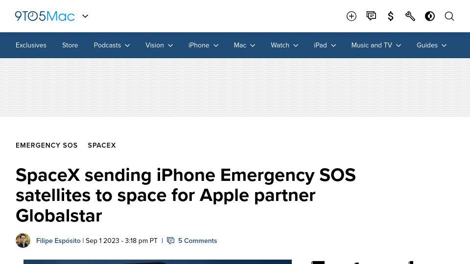 Screenshot of 9to5mac.com: SpaceX sending iPhone Emergency SOS satellites to space