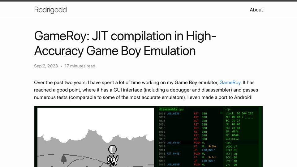 Screenshot of rodrigodd.github.io: GameRoy: JIT Compilation in High-Accuracy Game Boy Emulation