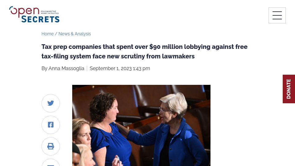 Screenshot of opensecrets.org: Tax prep companies: $90M lobbying against free tax-filing